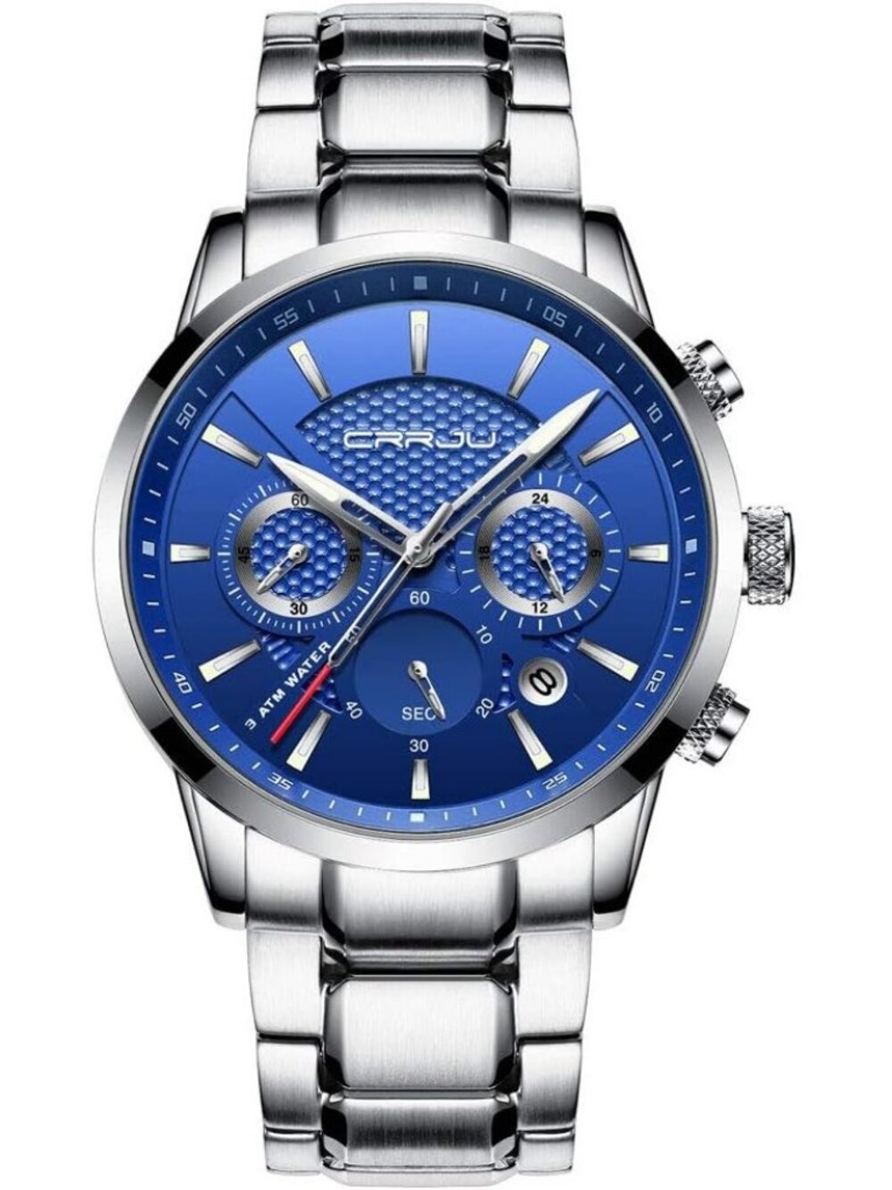 Men's Silver Blue Stainless Steel Chronograph Quartz Waterproof Wrist Watch